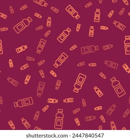 Brown line Bottle of water icon isolated seamless pattern on red background. Soda aqua drink sign.  Vector