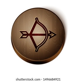 Brown line Bow and arrow icon isolated on white background. Cupid symbol. Love sign. Valentines day concept. Wooden circle button. Vector Illustration