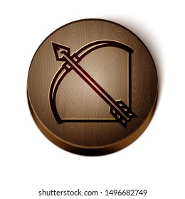 Brown line Bow and arrow in quiver icon isolated on white background. Wooden circle button. Vector Illustration