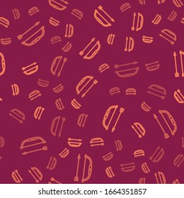 Braune Linie Bow und Pfeil in quiver Symbol isoliert nahtlose Muster auf rotem Hintergrund. Vektorillustration-Illustration