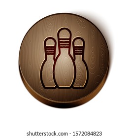 Brown line Bowling pin icon isolated on white background. Wooden circle button. Vector Illustration