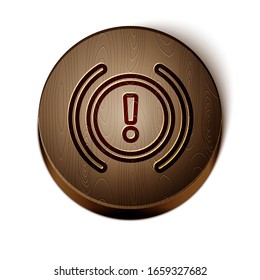 Icono de advertencia del sistema de frenos de línea marrón aislado en fondo blanco. Marca de exclamación en el camión. Señal de atención del panel. Botón de círculo de madera. Ilustración vectorial
