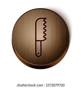 Brown line Bread knife icon isolated on white background. Cutlery symbol. Wooden circle button. Vector Illustration