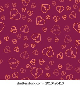 Brown line Broken heart or divorce icon isolated seamless pattern on red background. Love symbol. Valentines day.  Vector