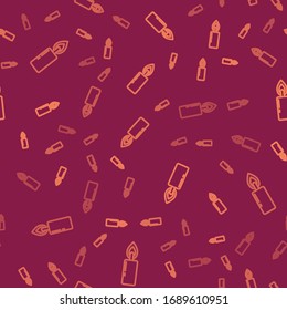Brown line Burning candle icon isolated seamless pattern on red background. Cylindrical candle stick with burning flame.  Vector Illustration