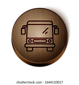 Icono de bus de línea marrón aislado en fondo blanco. Concepto de transporte. Cartel de transporte de la gira en autobús. Símbolo de turismo o vehículo público. Botón de círculo de madera.  Ilustración vectorial