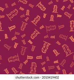 Brown line Cactus icon isolated seamless pattern on red background.  Vector