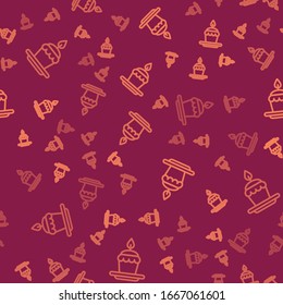 Torta de línea marrón con el icono de quemar velas aislado sin fisuras en el fondo rojo.Feliz cumpleaños. Ilustración vectorial