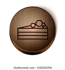 Brown line Cake icon isolated on white background. Happy Birthday. Wooden circle button. Vector Illustration