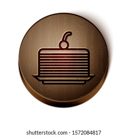 Brown line Cake icon isolated on white background. Happy Birthday. Wooden circle button. Vector Illustration