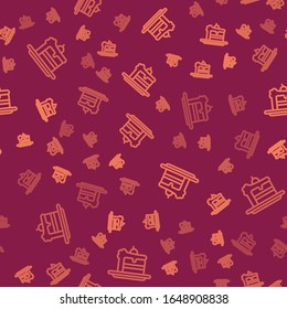 Brown line Cake icon isolated seamless pattern on red background. Happy Birthday.  Vector Illustration