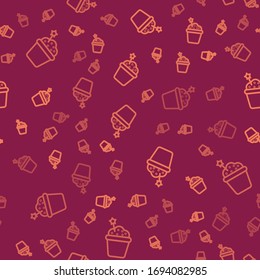 Brown line Cake icon isolated seamless pattern on red background. Happy Birthday.  Vector Illustration
