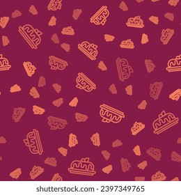 Brown line Cake icon isolated seamless pattern on red background. Happy Birthday.  Vector