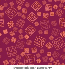 Icono de calculadora de línea marrón aislado patrón transparente en fondo rojo. Símbolo de contabilidad. Cálculos empresariales, educación y finanzas matemáticas.  Ilustración vectorial