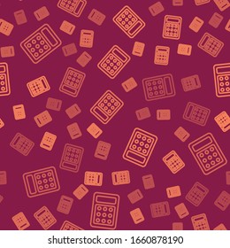 Brown line Calculator icon isolated seamless pattern on red background. Accounting symbol. Business calculations mathematics education and finance.  Vector Illustration