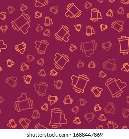 Brown line Camera vintage film roll cartridge icon isolated seamless pattern on red background. 35mm film canister. Filmstrip photographer equipment.  Vector Illustration
