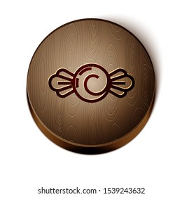 Brown line Candy icon isolated on white background. Happy Halloween party. Wooden circle button. Vector Illustration