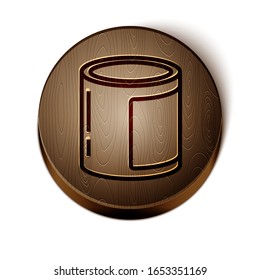Brown line Canned food icon isolated on white background. Food for animals. Pet food can. Wooden circle button. Vector Illustration