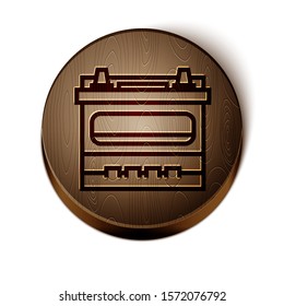Brown line Car battery icon isolated on white background. Accumulator battery energy power and electricity accumulator battery. Wooden circle button. Vector Illustration