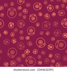 Brown line Car brake disk with caliper icon isolated seamless pattern on red background.  Vector