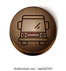 Brown line Car icon isolated on white background. Front view. Wooden circle button. Vector Illustration
