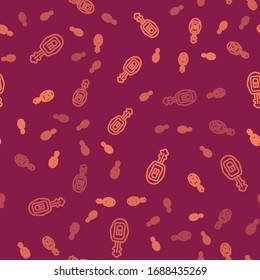 Brown line Car key with remote icon isolated seamless pattern on red background. Car key and alarm system.  Vector Illustration