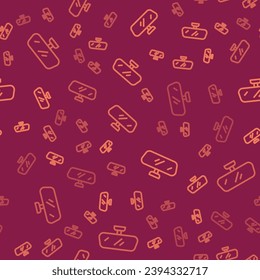 Brown line Car mirror icon isolated seamless pattern on red background.  Vector