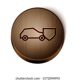 Brown line Car with shield icon isolated on white background. Insurance concept. Security, safety, protection, protect concept. Wooden circle button. Vector Illustration