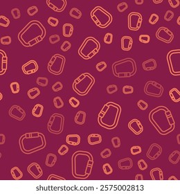 Brown line Carabiner icon isolated seamless pattern on red background. Extreme sport. Sport equipment.  Vector