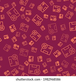 Brown line Carton cardboard box and delete icon isolated seamless pattern on red background. Box, package, parcel sign. Delivery and packaging.  Vector Illustration