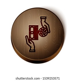 Brown line Casino chips exchange on stacks of dollars icon isolated on white background. Wooden circle button. Vector Illustration