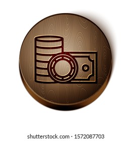 Brown line Casino chips and stacks paper money cash icon isolated on white background. Casino gambling. Wooden circle button. Vector Illustration