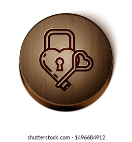 Brown line Castle in the shape of a heart and key icon isolated on white background. Locked Heart. Love symbol and keyhole sign. Wooden circle button. Vector Illustration