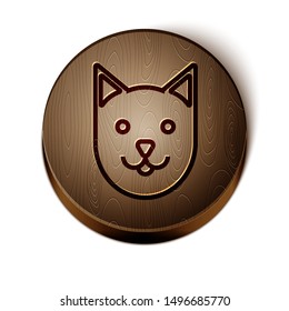 Brown line Cat icon isolated on white background. Wooden circle button. Vector Illustration