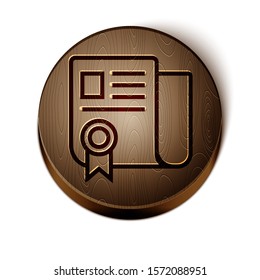 Brown line Certificate template icon isolated on white background. Achievement, award, degree, grant, diploma. Business success certificate. Wooden circle button. Vector Illustration