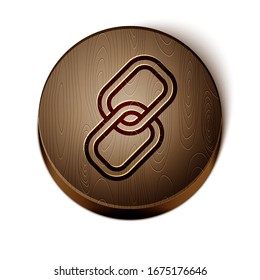 Brown line Chain link icon isolated on white background. Link single. Wooden circle button. Vector Illustration