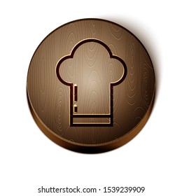 Brown line Chef hat icon isolated on white background. Cooking symbol. Cooks hat. Wooden circle button. Vector Illustration