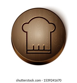 Brown line Chef hat icon isolated on white background. Cooking symbol. Cooks hat. Wooden circle button. Vector Illustration