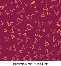 Braune Linie Cherry Käsekuchen Scheibe mit Fruchtschneider Symbol einzeln auf rotem Hintergrund.  Vektorgrafik