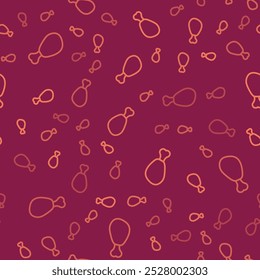 Brown line Chicken leg icon isolated seamless pattern on red background. Chicken drumstick.  Vector