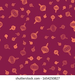 Brown line Chinese paper lantern icon isolated seamless pattern on red background.  Vector Illustration