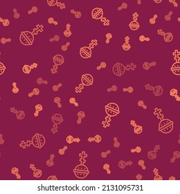 Brown line Christian cross icon isolated seamless pattern on red background. Church cross.  Vector