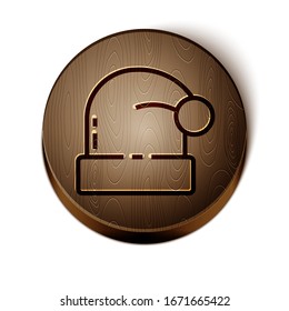 Brown line Christmas Santa Claus hat icon isolated on white background. Merry Christmas and Happy New Year. Wooden circle button. Vector Illustration