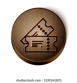 Brown line Cinema ticket icon isolated on white background. Wooden circle button. Vector Illustration