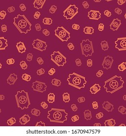 Brown line Cinema ticket icon isolated seamless pattern on red background.  Vector Illustration
