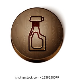 Brown line Cleaning spray bottle with detergent liquid icon isolated on white background. Wooden circle button. Vector Illustration