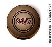 Brown line Clock 24 hours icon isolated on white background. All day cyclic icon. 24 hours service symbol. Wooden circle button. Vector Illustration
