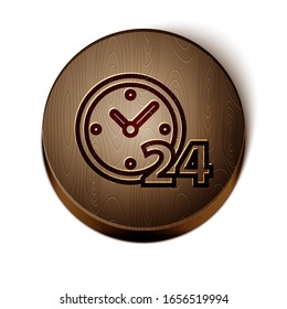 Brown line Clock 24 hours icon isolated on white background. All day cyclic icon. 24 hours service symbol. Wooden circle button. Vector Illustration