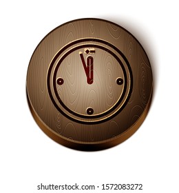 Brown line Clock icon isolated on white background. Time symbol. Merry Christmas and Happy New Year. Wooden circle button. Vector Illustration