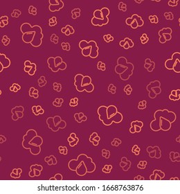 Brown line Cloud with rain icon isolated seamless pattern on red background. Rain cloud precipitation with rain drops.  Vector Illustration